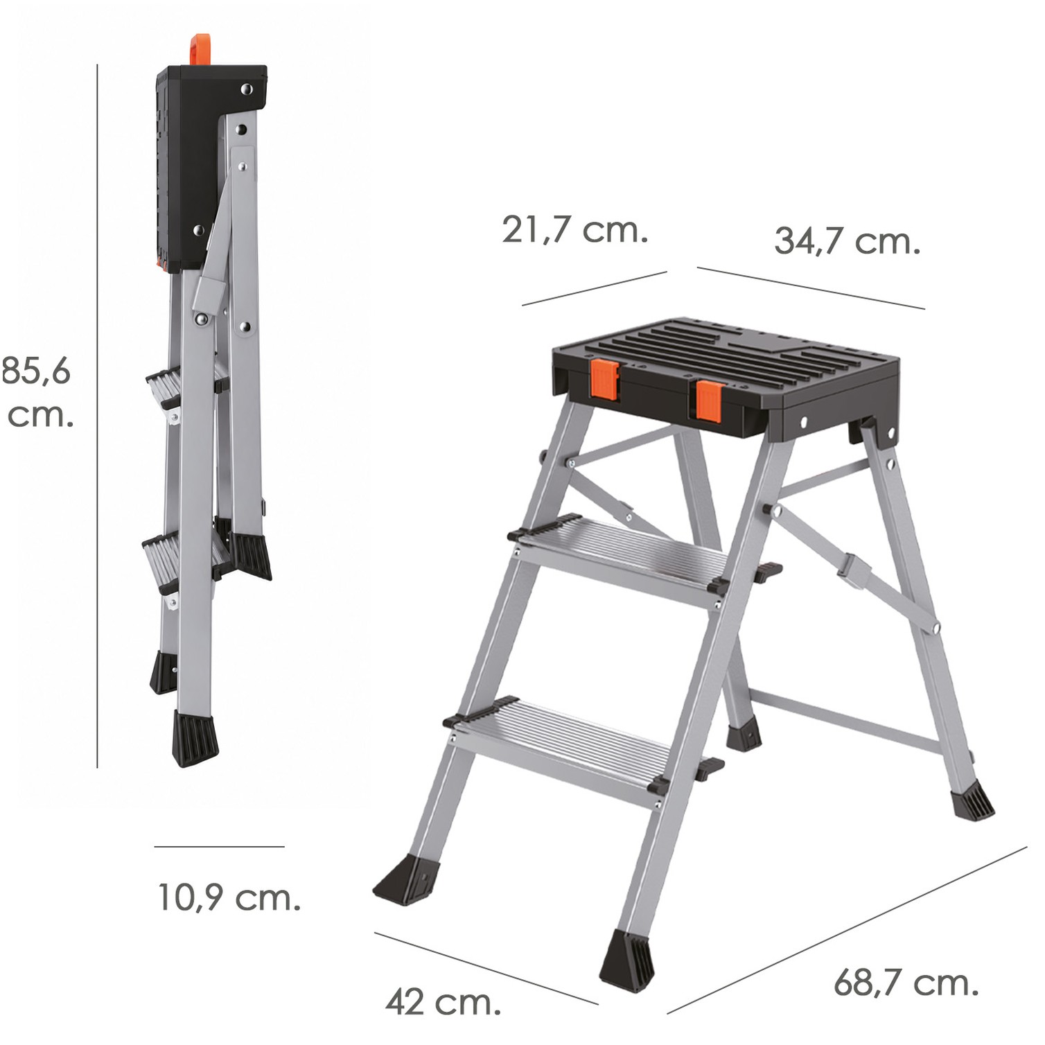 Escalerilla Multifuncional De Aluminio Con 3 Peldaños Con Cajón Portaherramientas.