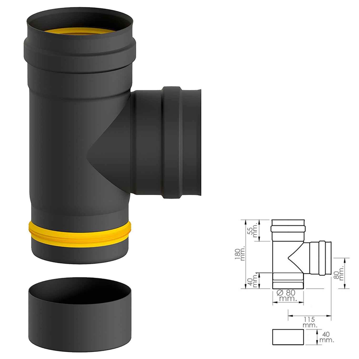 Te Para Tubos Estufa Pellet Vitrificada Ø 80 mm. 90° Con Colector