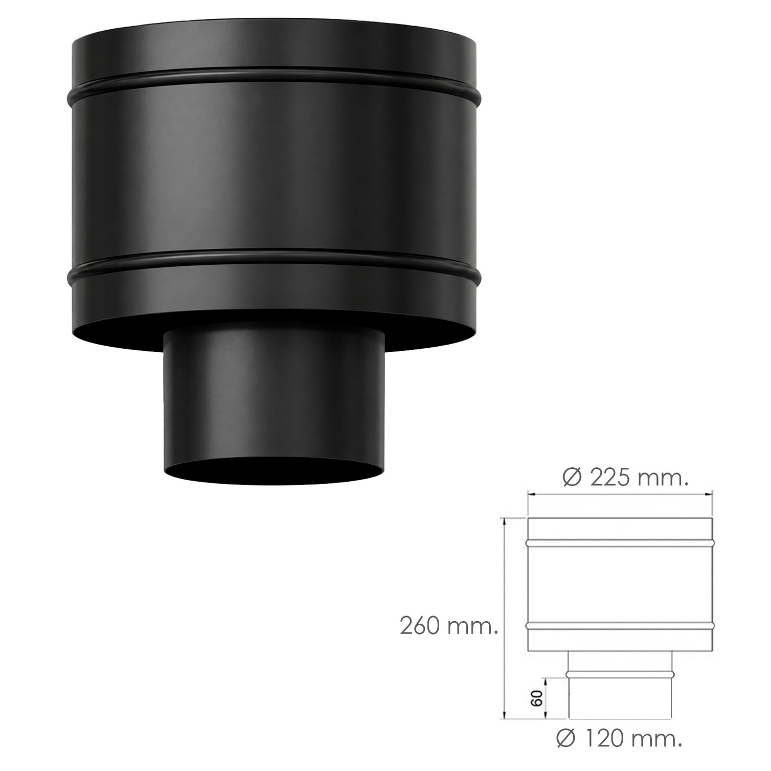 Terminal Antirrevocante Estufa Vitrificado Negro Ø 120 mm. Sombrero Tubo Chimenea, Sombrero Tubo Humo, Sombrero Calefacción