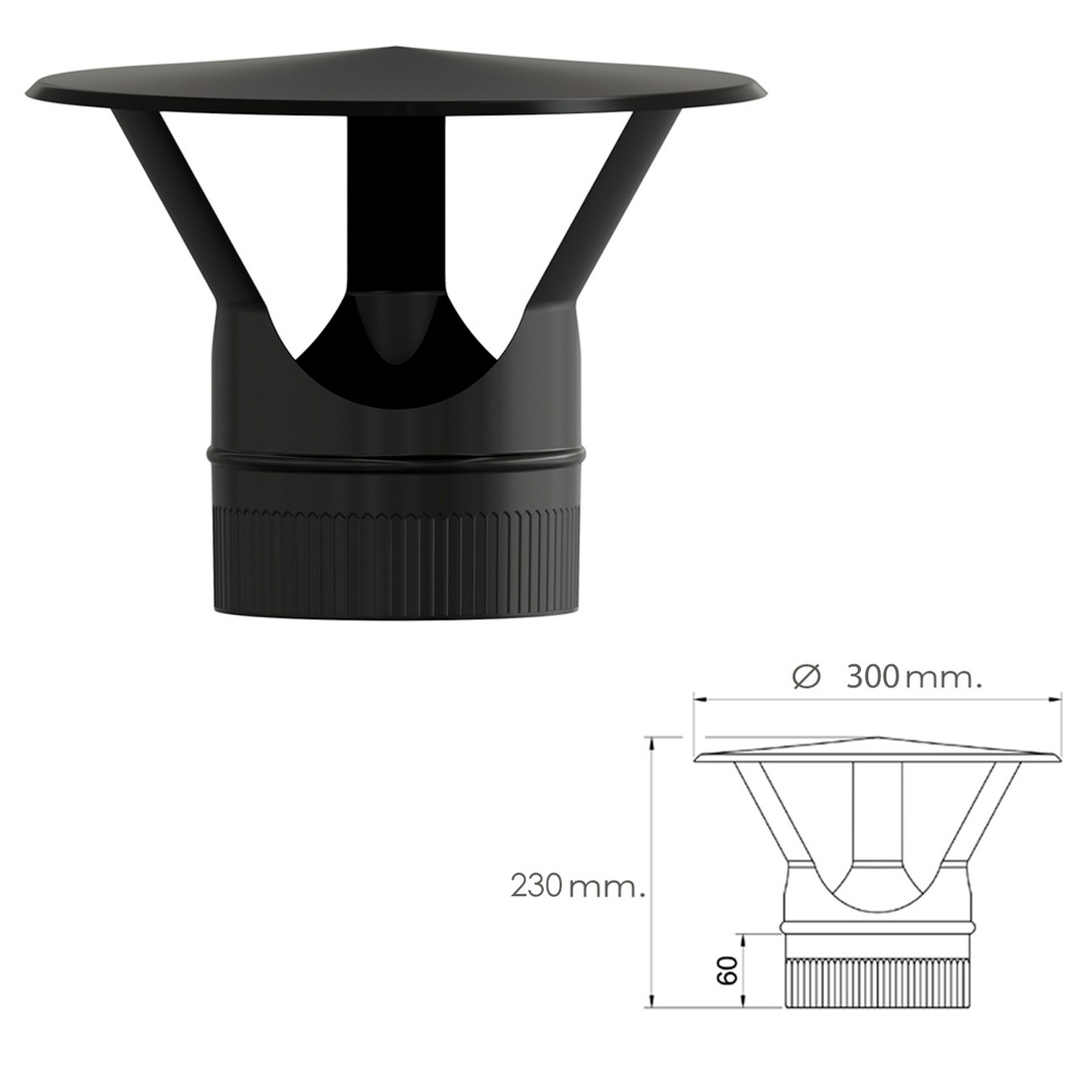 Sombrero Estufa Vitrificado Premium Negro Ø 150 mm. Sombrero Tubo Chimenea, Sombrero Tubo Humo, Sombrero Tubo Calefacción.