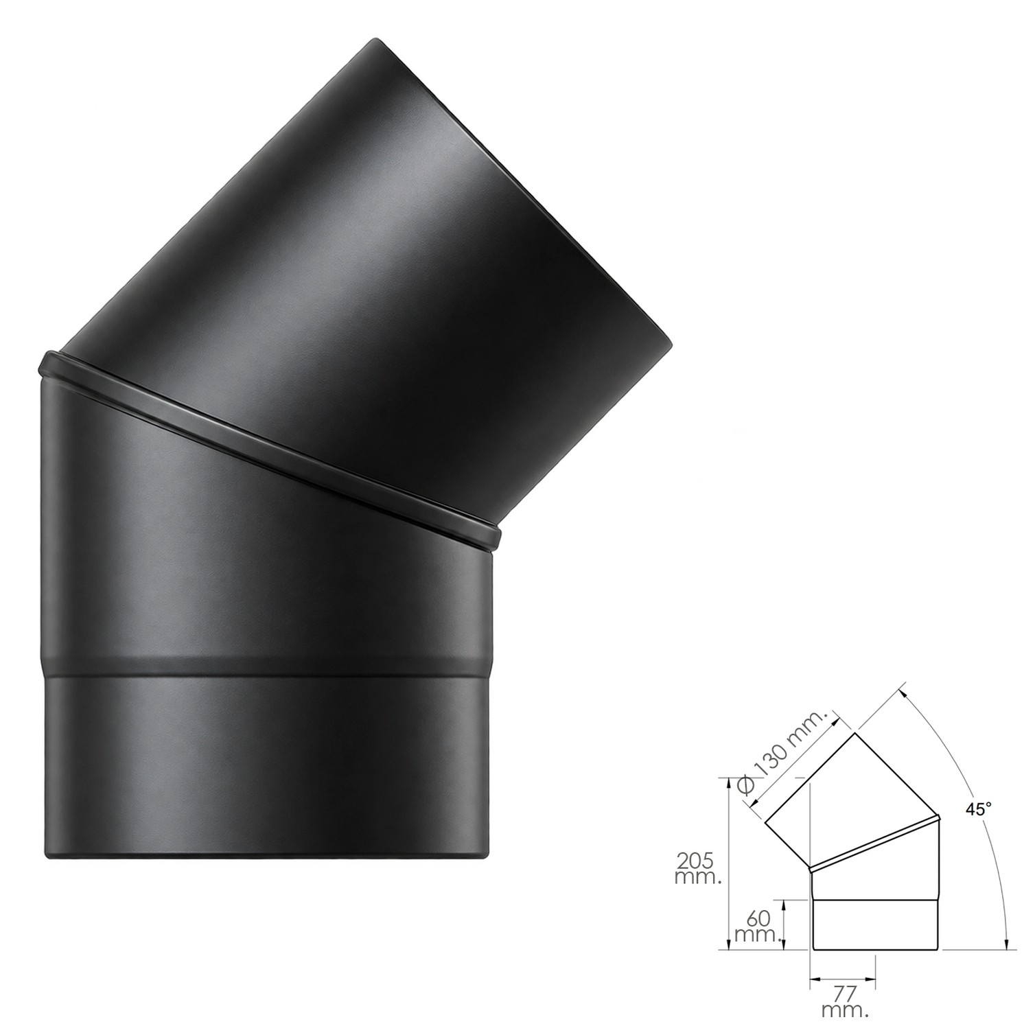 Codo Estufa Liso Vitrificado Negro Premium Ø 130 mm. 45°