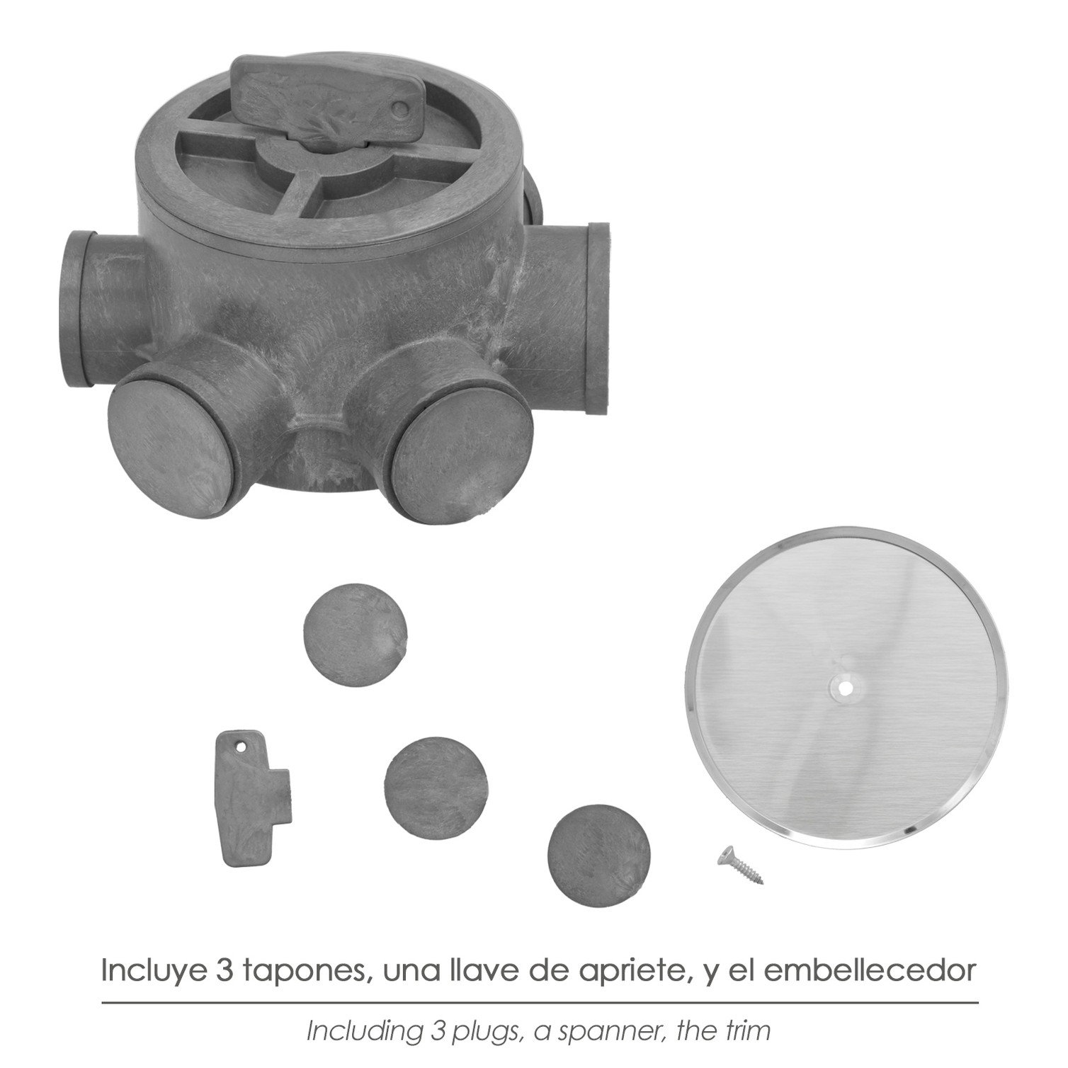 Bote Sifónico PVC Tuberias Ø 110 mm. Salidas Ø 50 y 40 mm. Altura 90 mm.