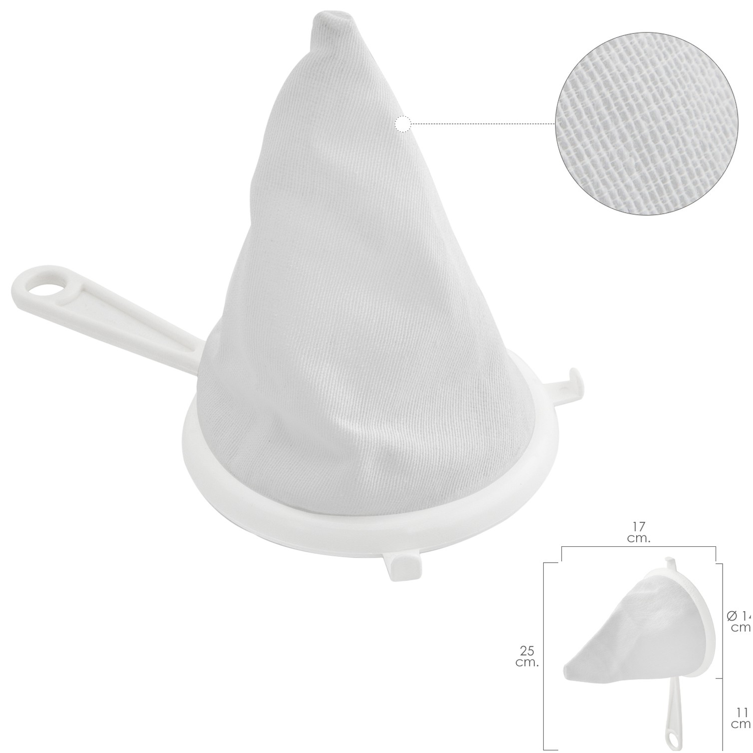 Colador Tela Franela Armazón de Plastico Ø 14 cm. Con 2 Ganchos